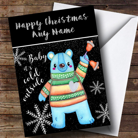 Cold Outside Snow Black Blue Bear Personalised Childrens Christmas Card