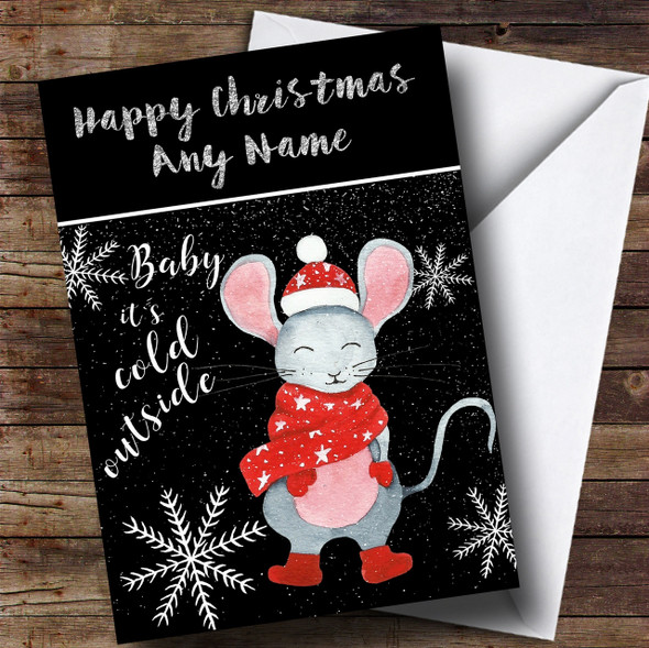 Cold Outside Snow Black Mouse Personalised Childrens Christmas Card