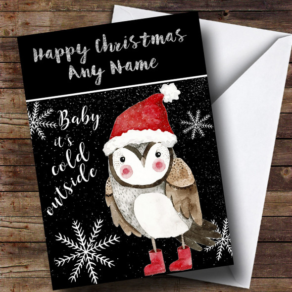 Cold Outside Snow Black Owl Personalised Childrens Christmas Card