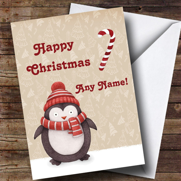 Penguin In Hat Candy Cane Personalised Childrens Christmas Card