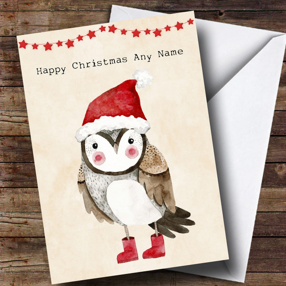 Cute Watercolour Owl Personalised Childrens Christmas Card