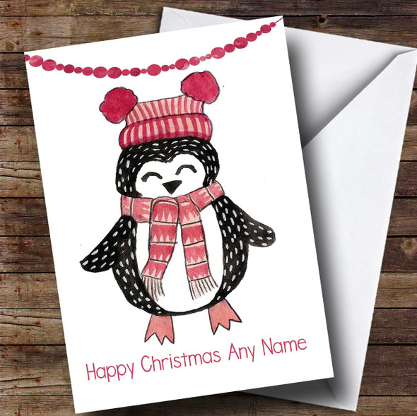 Doodle White Penguin Hat & Scarf Personalised Cute Christmas Card