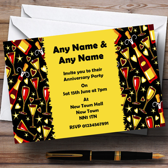 Black Yellow Champagne Glasses Wedding Anniversary Party Personalised Invitations