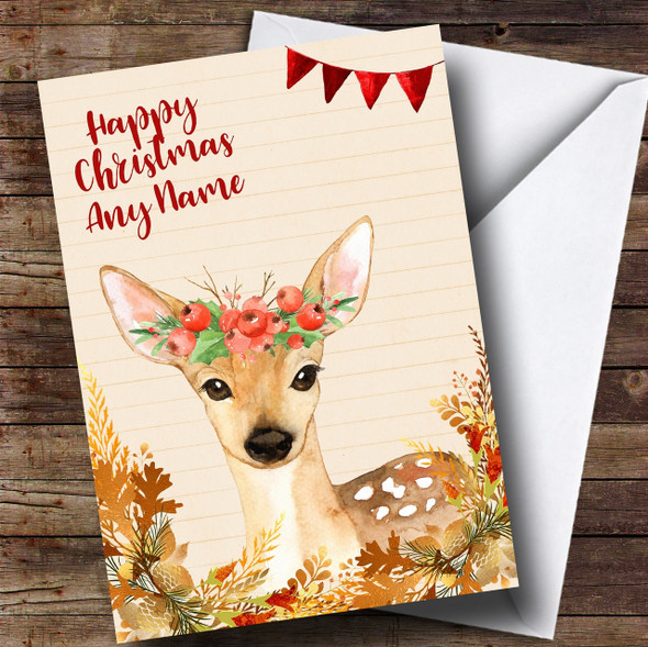 Gold Foliage Deer Personalised Cute Christmas Card