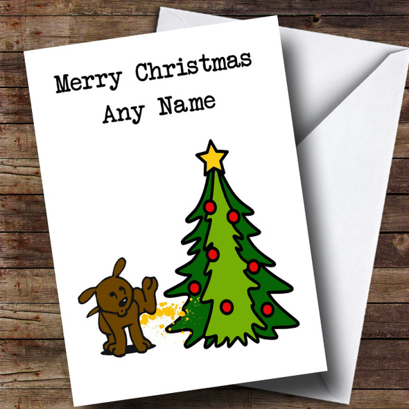 Funny Dog Peeing On Tree Personalised Christmas Card