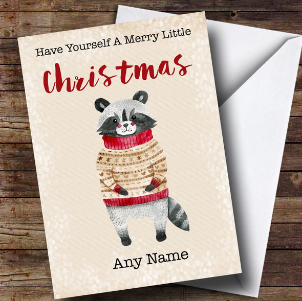 Merry Little Christmas Raccoon Personalised Christmas Card
