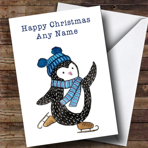 Blue Ice Skating Penguin Personalised Christmas Card