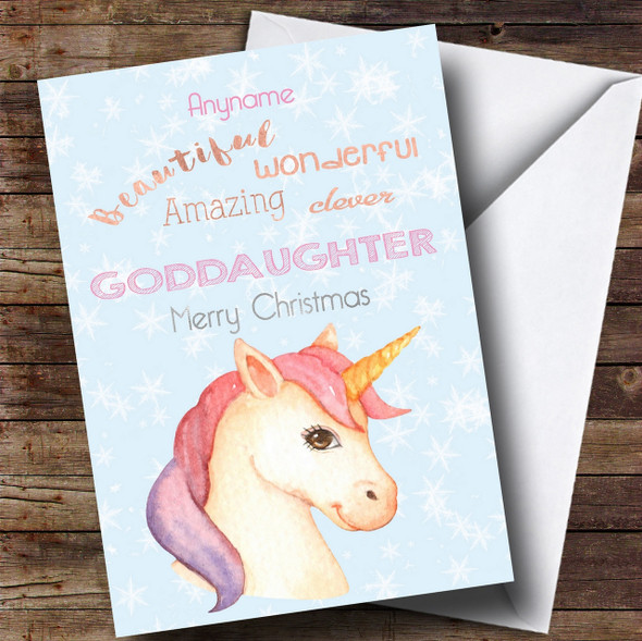 Goddaughter Pretty Unicorn Personalised Christmas Card
