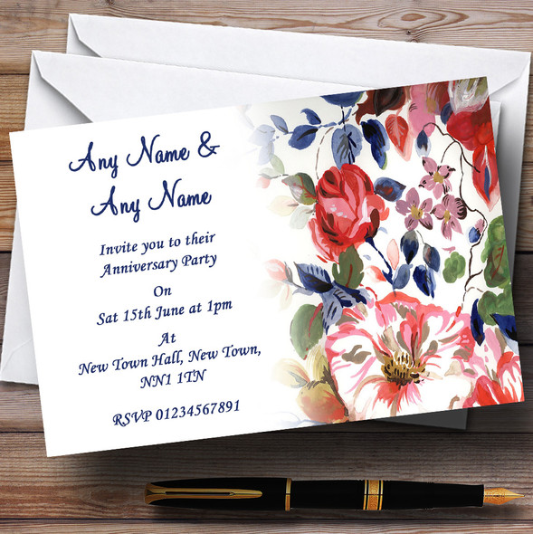 Pretty Blue Vintage Floral Wedding Anniversary Party Personalised Invitations