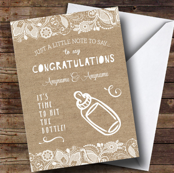 Personalised Funny Hit The Bottle Burlap New Baby Card