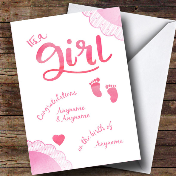 Personalised Girl Pink Baby Feet New Baby Card