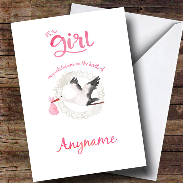 Personalised Stork Baby Girl New Baby Card