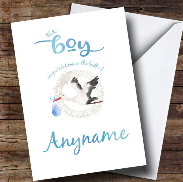 Personalised Stork Baby Boy New Baby Card