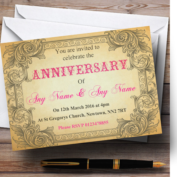 Typography Vintage Hot Pink Postcard Personalised Anniversary Party Invitations