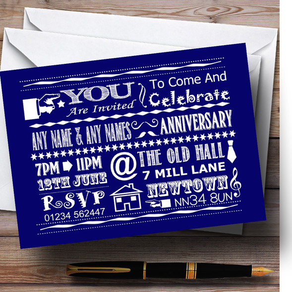 Cool Vintage Fun Chalk Typography Navy Blue Personalised Anniversary Party Invitations