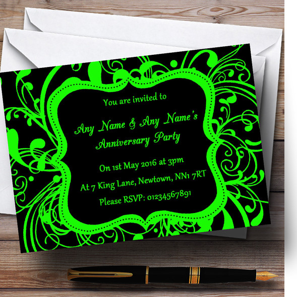 Black & Green Swirl Deco Personalised Anniversary Party Invitations