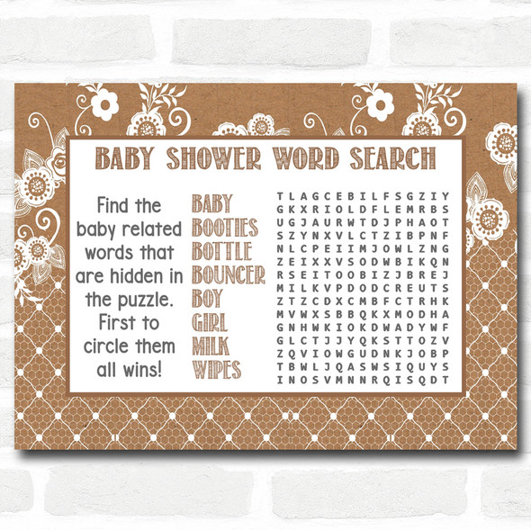 Burlap & Lace Baby Shower Games Word Search Cards