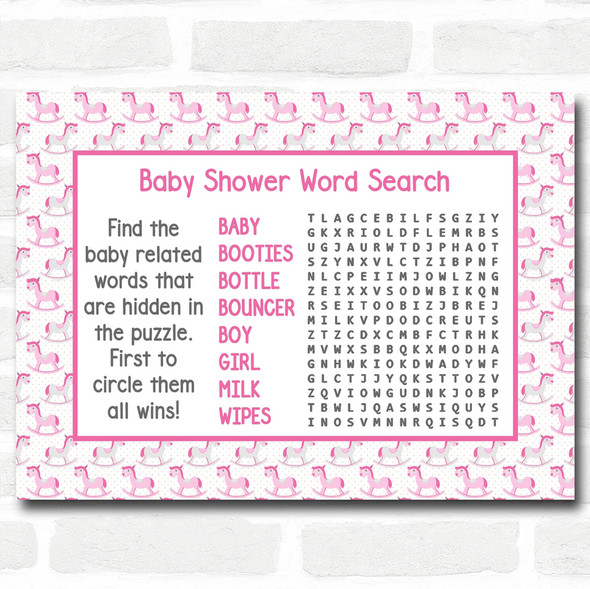 Girls Pink Rocking Horse Baby Shower Games Word Search Cards