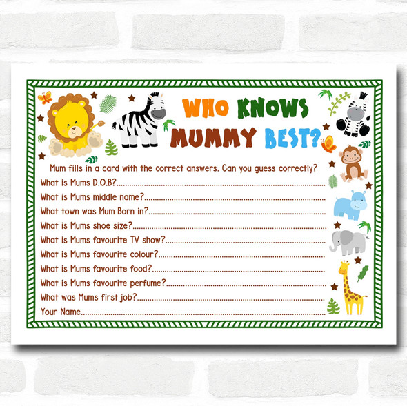 Jungle Baby Shower Games Who Knows Mum Best Cards
