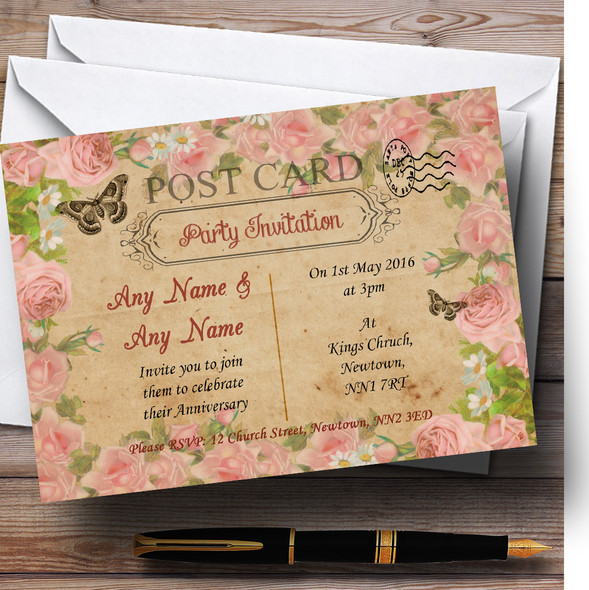 Pink Roses Vintage Shabby Chic Postcard Personalised Anniversary Party Invitations