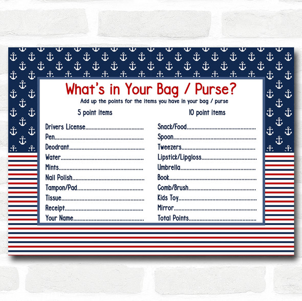 Nautical Baby Shower Games Whats in Your Bag Purse Cards