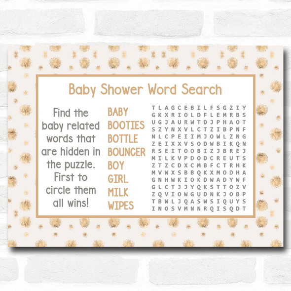 Neutral Gold Spots Baby Shower Games Word Search Cards