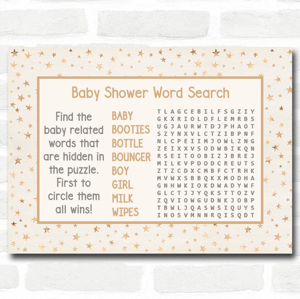 Neutral Gold Stars Baby Shower Games Word Search Cards