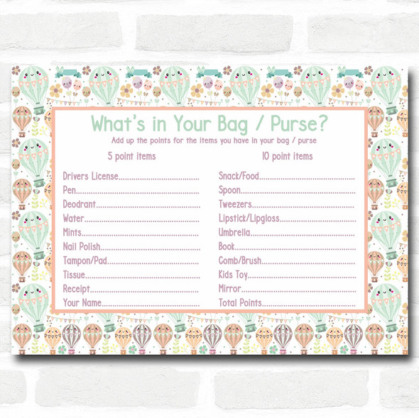 Neutral Hot Air Balloons Baby Shower Games Whats in Your Bag Purse Cards