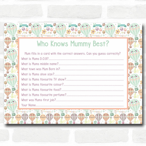 Neutral Hot Air Balloons Baby Shower Games Who Knows Mum Best Cards