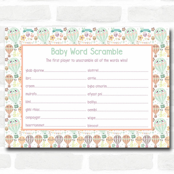 Neutral Hot Air Balloons Baby Shower Games Word Scramble Cards