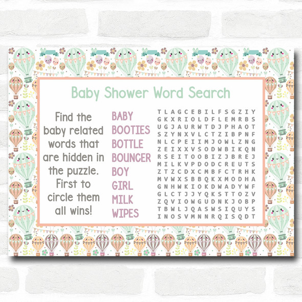 Neutral Hot Air Balloons Baby Shower Games Word Search Cards