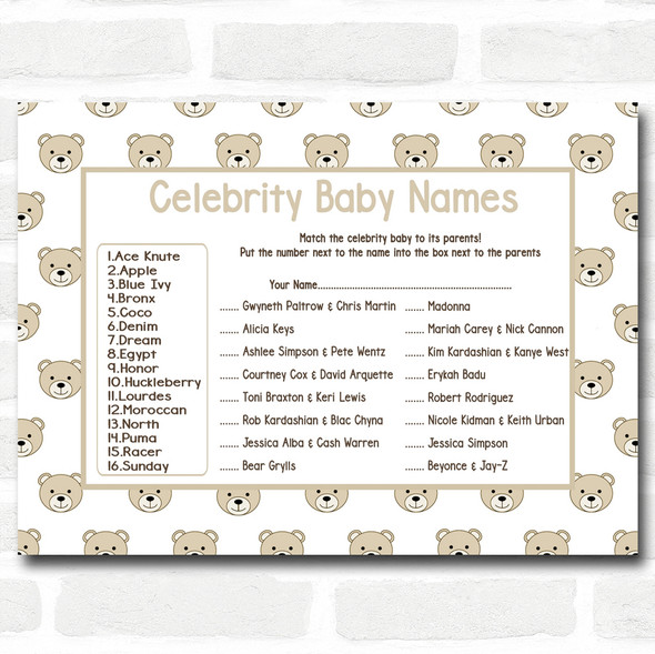 Neutral Teddys Baby Shower Games Celebrity Baby Name Cards
