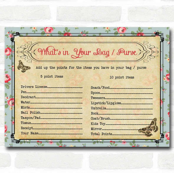 Shabby Chic Tea Party Baby Shower Games Whats in Your Bag Purse Cards