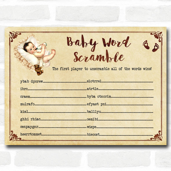 Vintage Baby Shower Games Word Scramble Cards