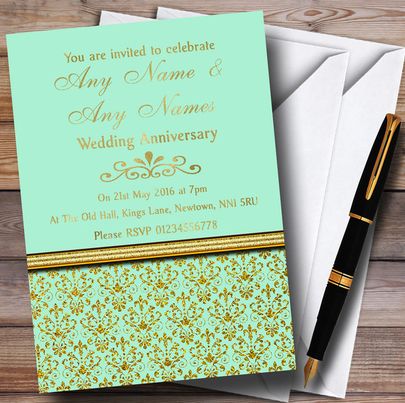 Mint Green & Gold Vintage Damask Personalised Anniversary Party Invitations
