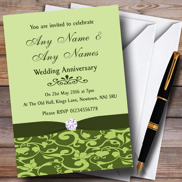 Olive Green Vintage Floral Damask Diamante Personalised Anniversary Party Invitations