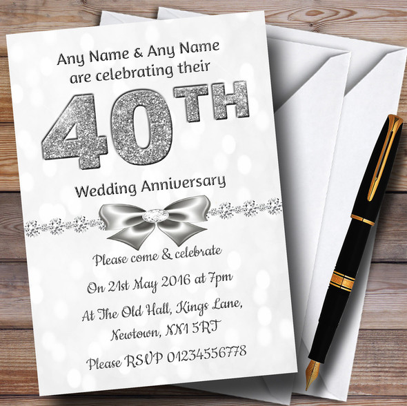 White Bokeh & Silver Glitter Look 40Th Personalised Anniversary Party Invitations