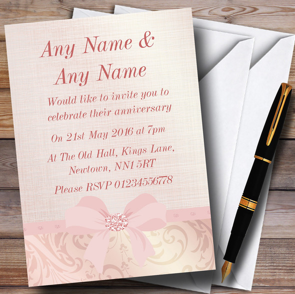 Pretty Pale Coral Pink Damask Bow Wedding Anniversary Party Personalised Invitations