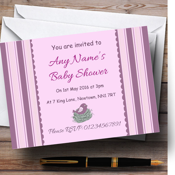 Birds In Nest Girl Personalised Baby Shower Invitations