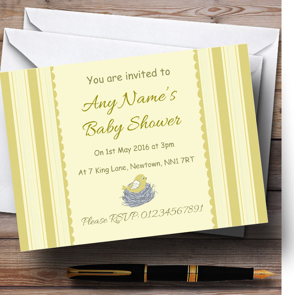 Birds In Nest Yellow Personalised Baby Shower Invitations