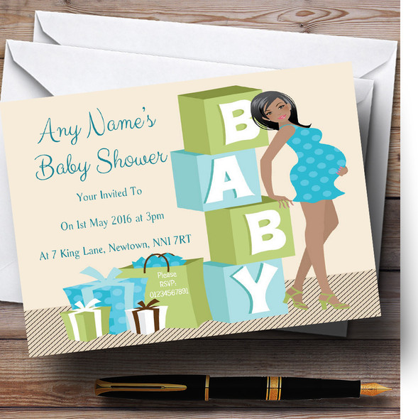 Blue And Green Mum To Be Personalised Baby Shower Invitations