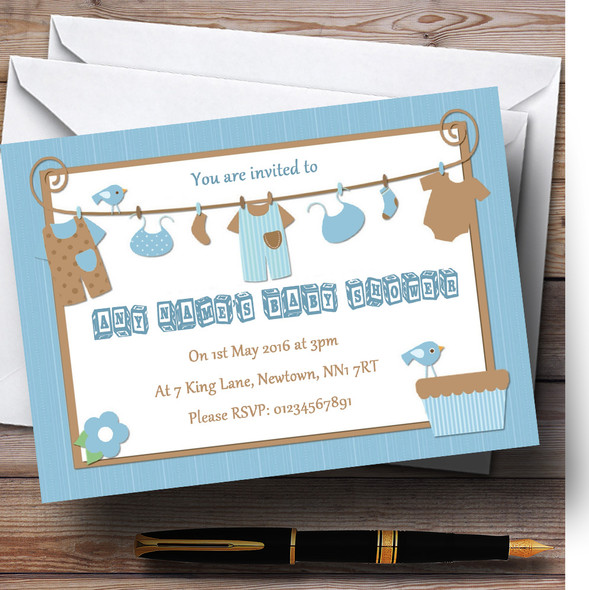 Blue Boys Clothes Personalised Baby Shower Invitations