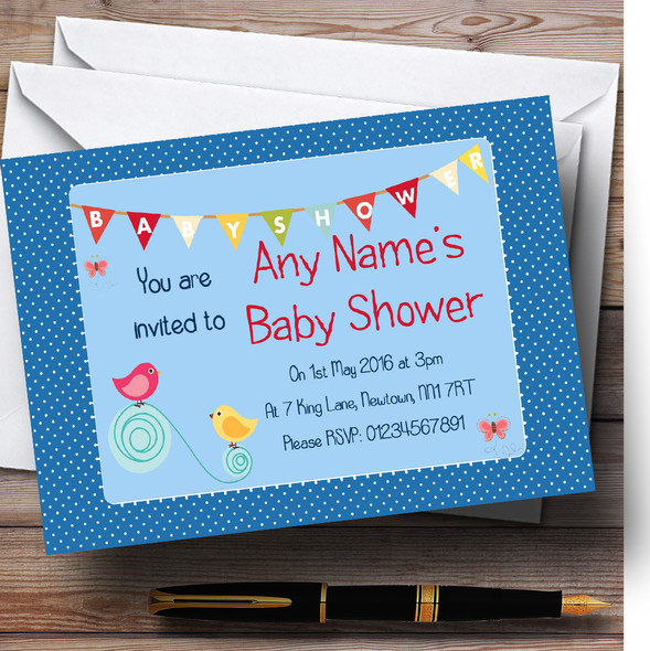 Sweet Birds Blue Boy Personalised Baby Shower Invitations