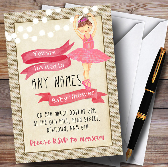 Vintage Burlap Girls Pink Ballerina Ballet Invitations Baby Shower Invitations