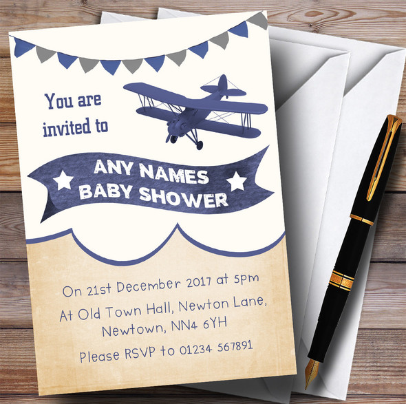 Vintage Plane Cloud Blue Invitations Baby Shower Invitations