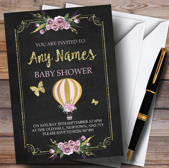 Chalk & Gold Floral Hot Air Balloon Invitations Baby Shower Invitations