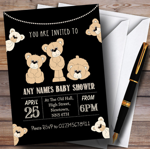 Cute Teddy Bears Black Invitations Baby Shower Invitations