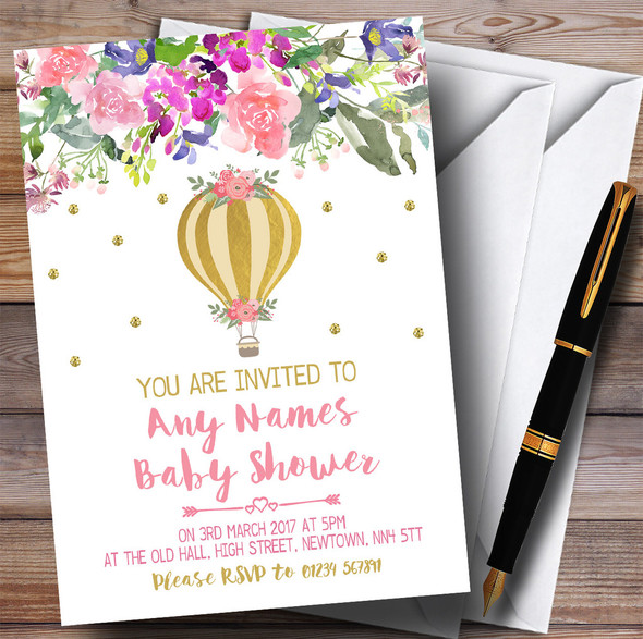 Floral Gold Hot Air Balloon Invitations Baby Shower Invitations
