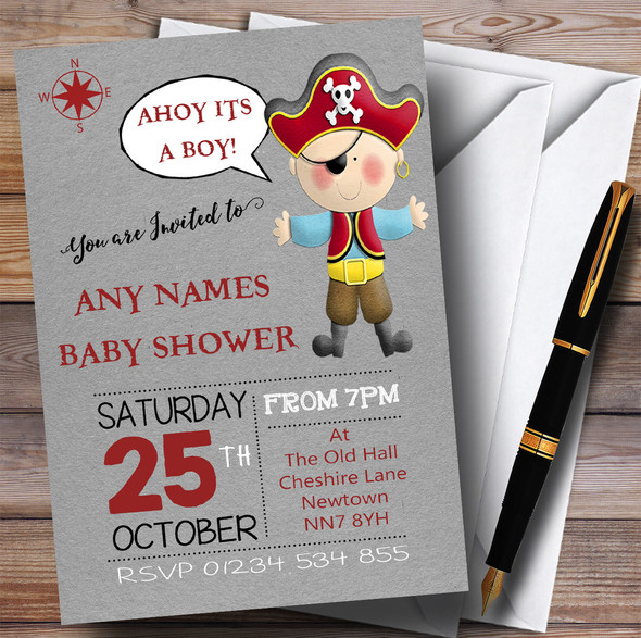 Grey Boy Pirate Invitations Baby Shower Invitations