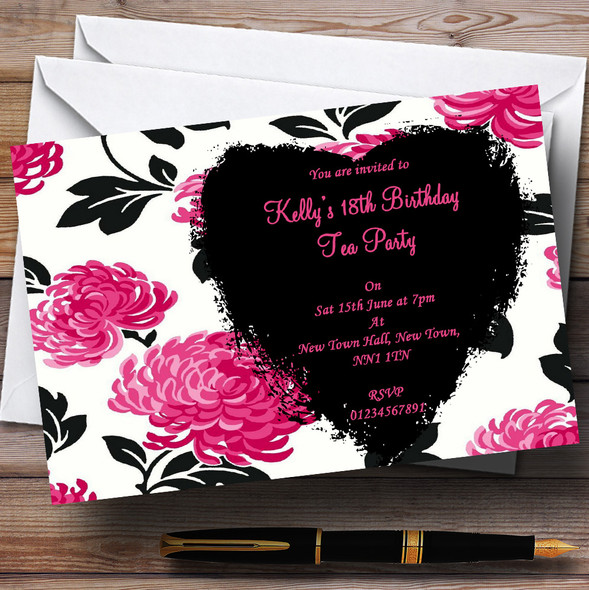 Beautiful Pink Black & White Floral Vintage Garden Tea Personalised Party Invitations